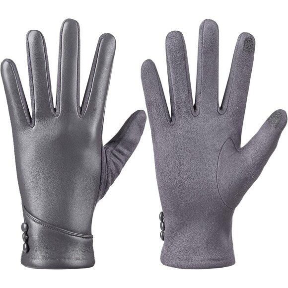 Women's Winter Leather Gloves Touch Screen Wool Lined Windproof Warm Suede Grey - Picture 2 of 7